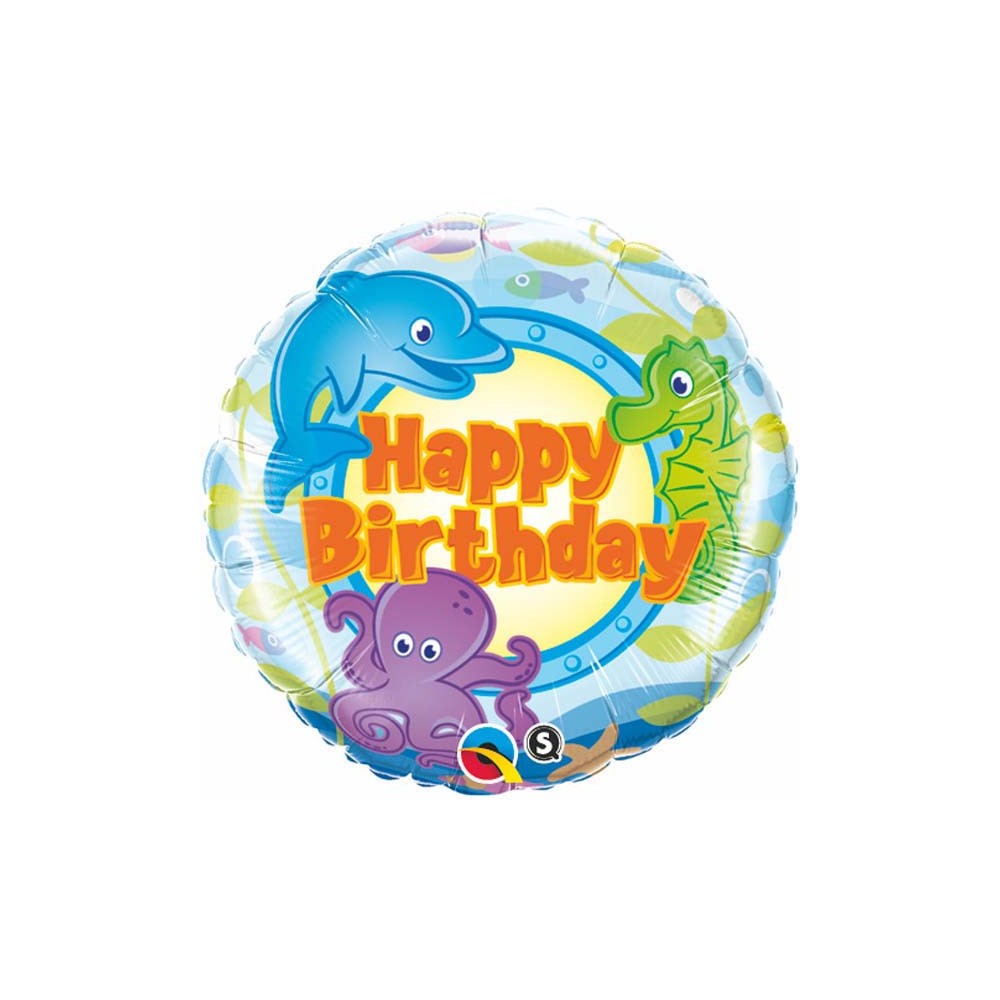 Palloncino rotondo in Foil con stampa di animali marini e scritta:Happy  Birthday. 45cm, multicolore